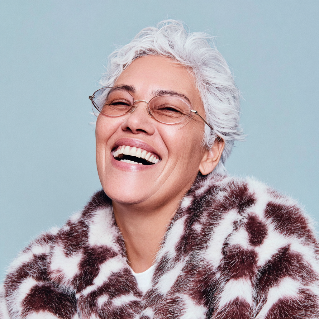 female smiling with glasses and white hair